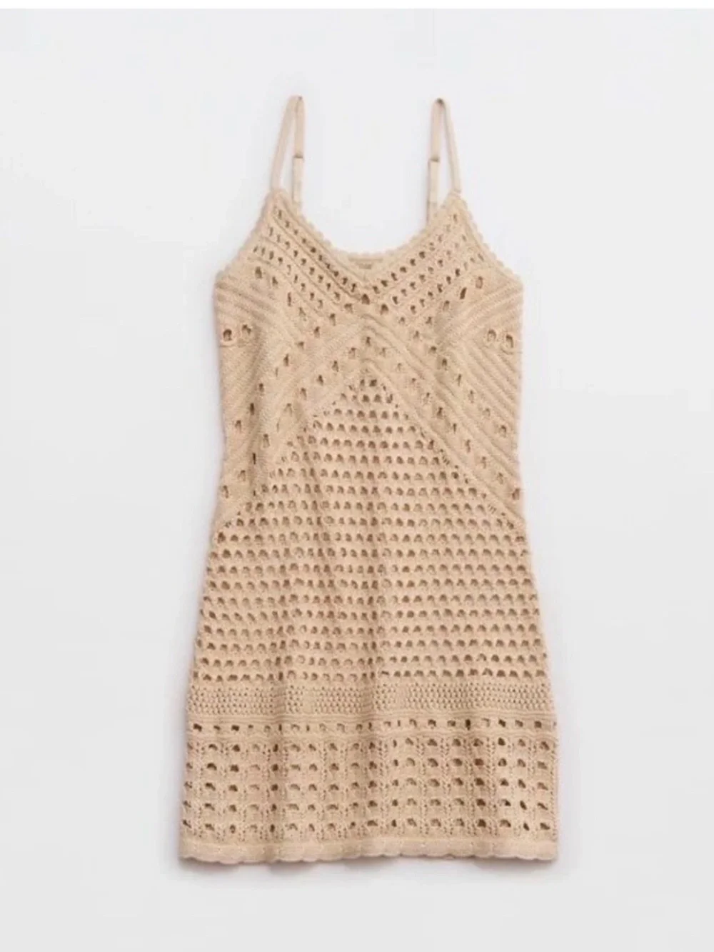 Aerie Beige Crochet Metallic Knit Swim Cover-Up Mini Dress